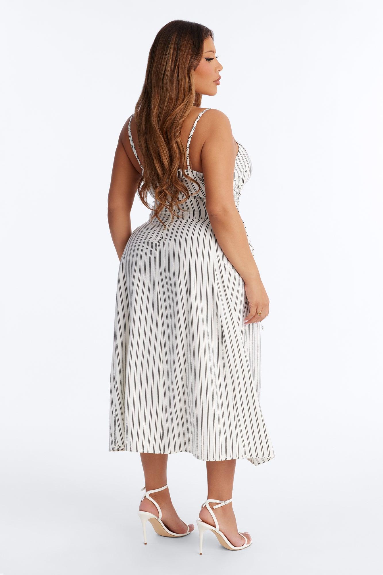 Claire Lace Up Pinstripe Midi Dress - White/combo Female Product Image