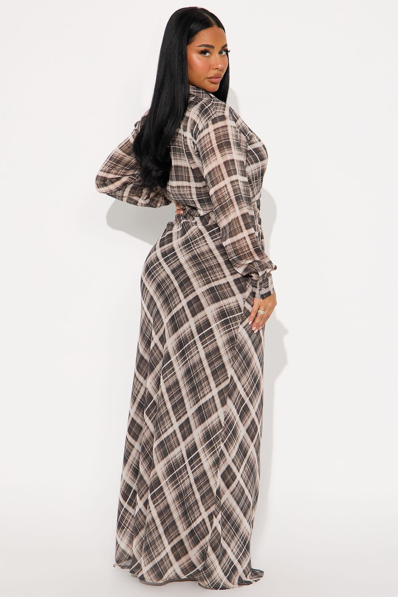 Anastasia Plaid Chiffon Maxi Shirt Dress - Brown Combo Female Product Image