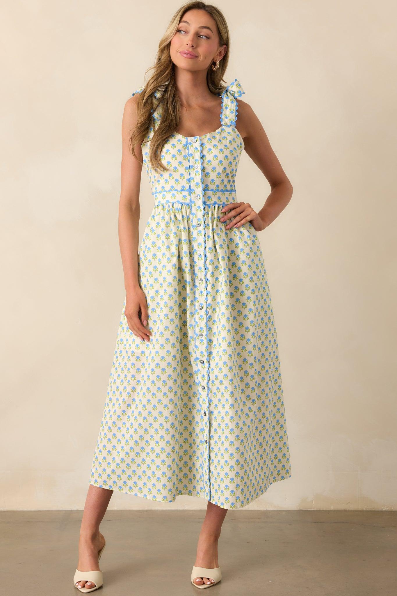 Hold Onto That Feeling Blue Floral Cotton Sleeveless Maxi Dress Product Image