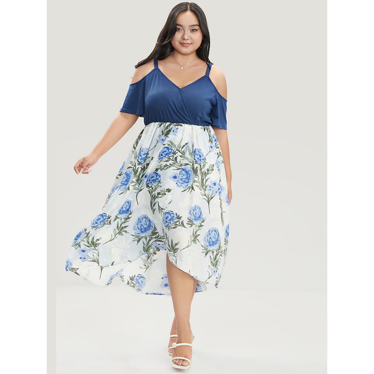 Plus Size Floral Patchwork Cold Shoulder Pocket Asymmetrical Hem Dress Indigo Women Elegant Adjustable Straps Cold Shoulder Short sleeve Curvy Midi Dress BloomChic 10/M Product Image