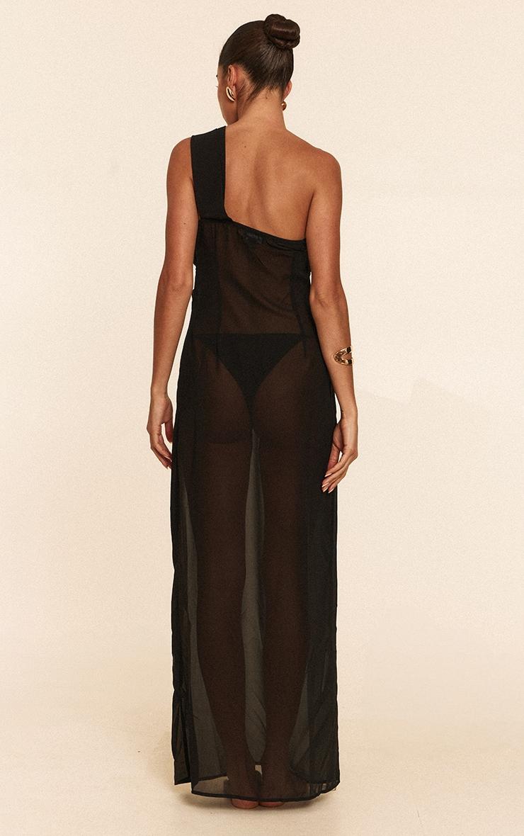 Black Ruched Chiffon Maxi Beach Dress Product Image