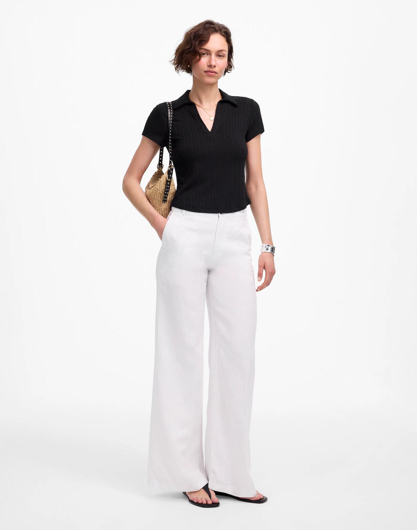 Ribbed V-Neck Polo Tee Product Image