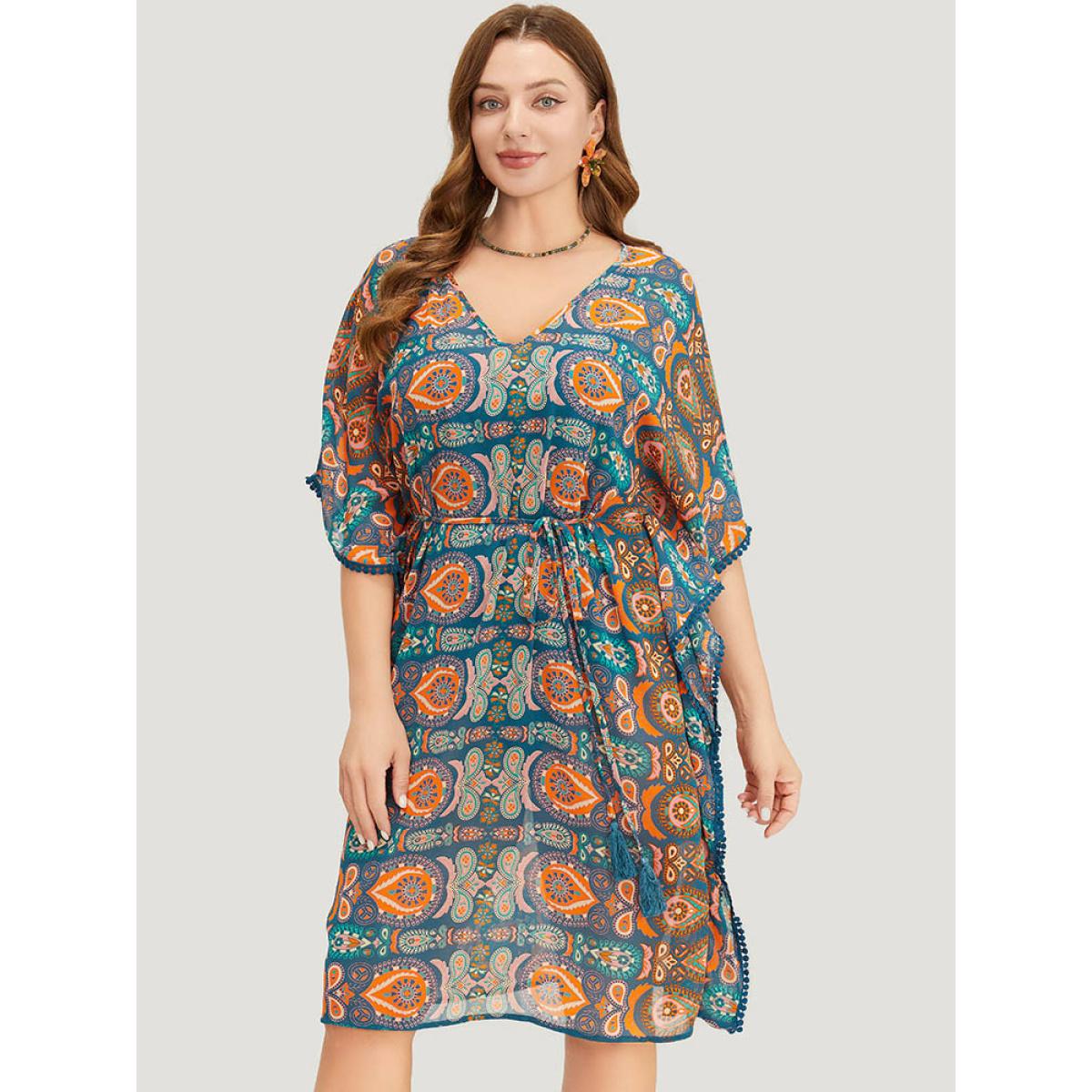 Plus Size Paisley Print Dolman Sleeve Tassels Pompom Trim Cover Up Women Multicolor Vacation See through Loose Belt Dailywear Kimonos BloomChic 10/M Product Image