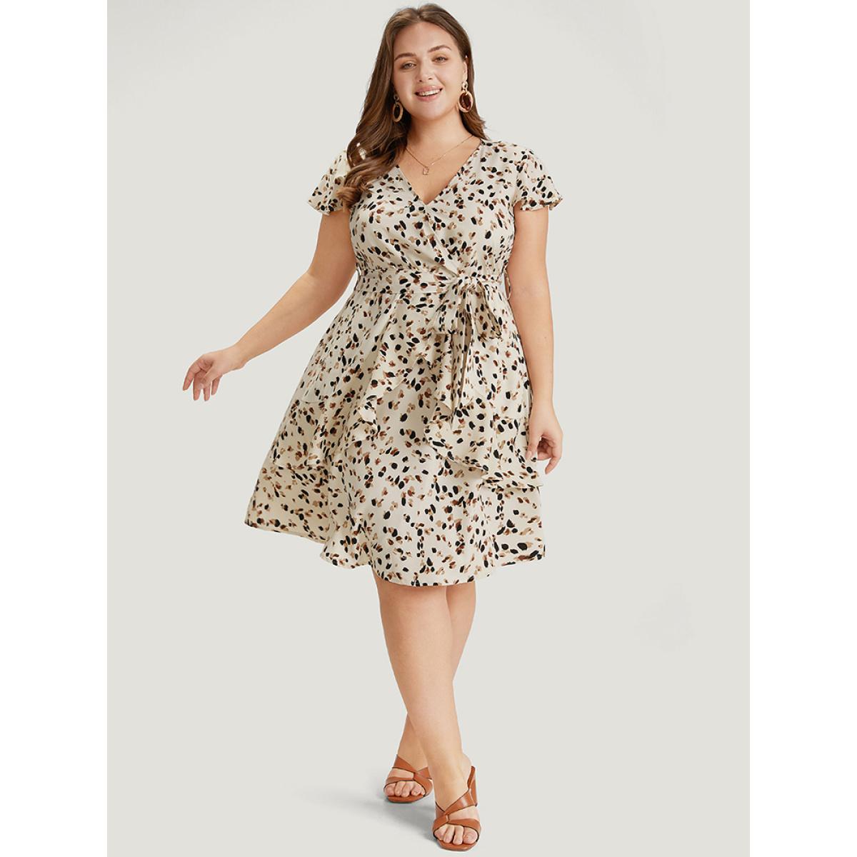 Plus Size Allover Print Belted Ruffles Asymmetrical Layered Hem Dress Apricot Women Elegant Gathered V-neck Cap Sleeve Curvy Knee Dress BloomChic 28/5X Product Image