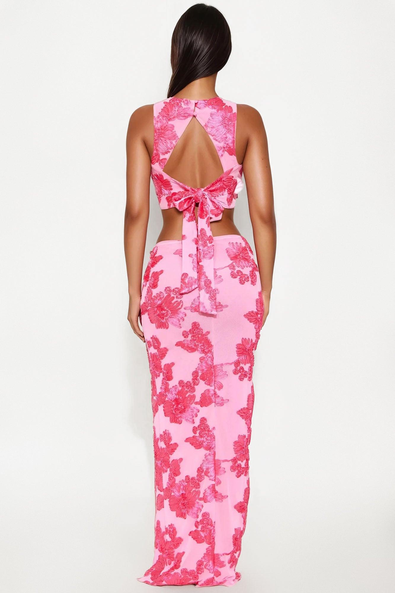 Cherry Blossom Chic Mesh Maxi Skirt Set - Pink Female Product Image