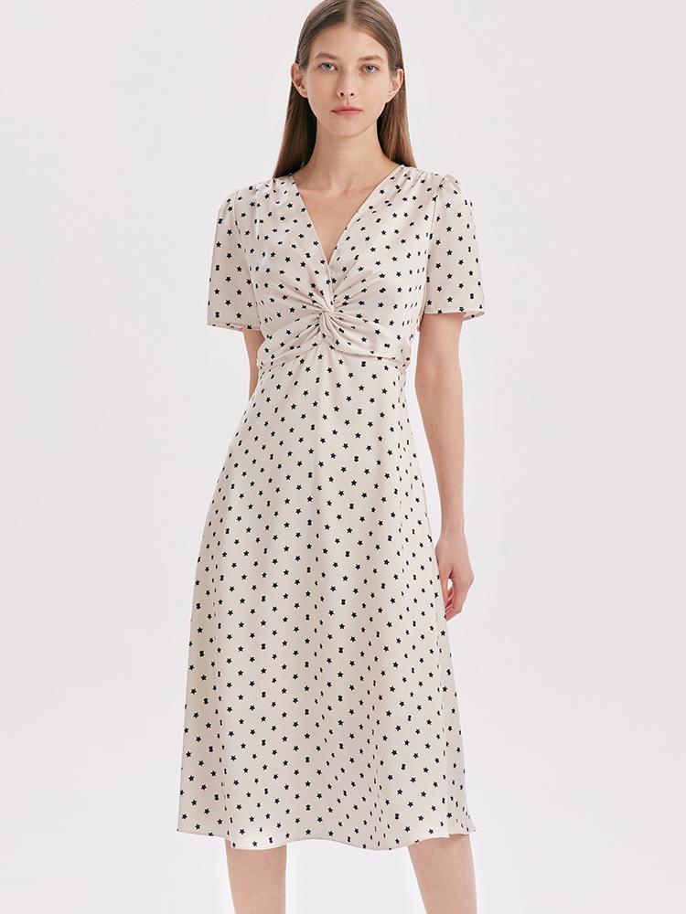 Beige Combo Print V-Neck Twisted Polka Dot Midi Dress Product Image