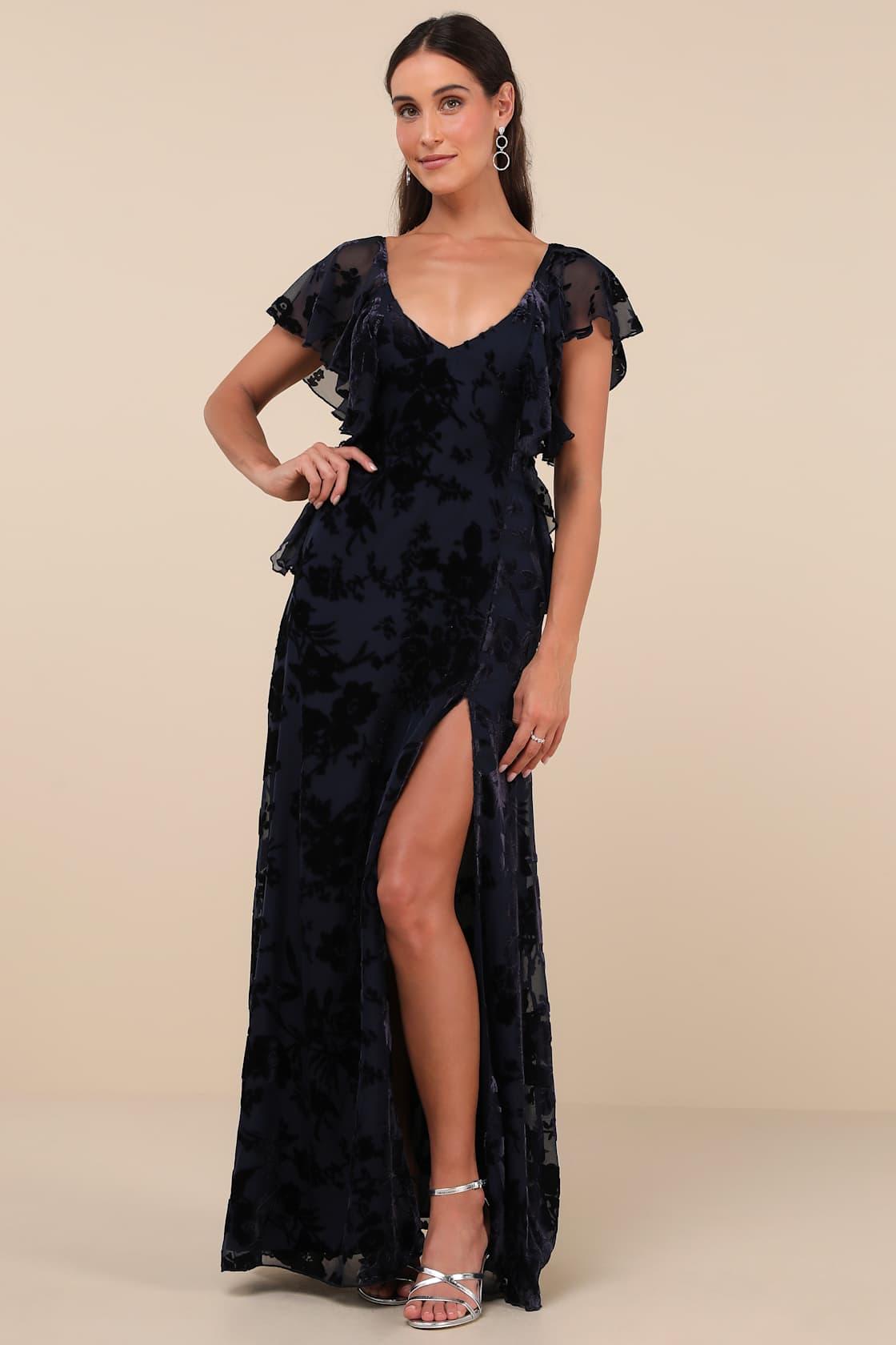 Romantic Wonder Navy Burnout Velvet Ruffled Tie-Back Maxi Dress Product Image