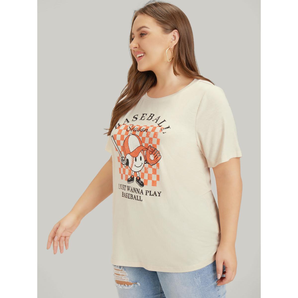 Plus Size Cartoon & Letter Print Crew Neck Graphic T-shirt Apricot Women Casual POP culture Dailywear T-shirts BloomChic 28/5X Product Image