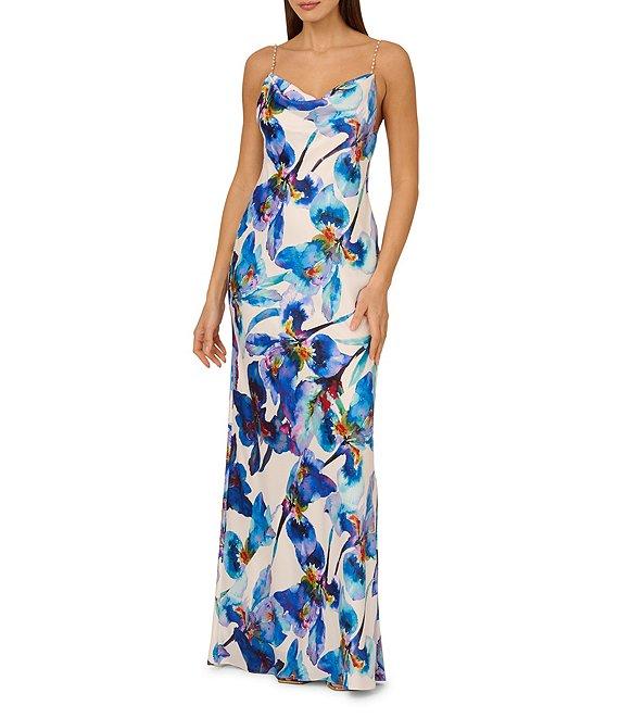 Adrianna by Adrianna Papell Satin Floral Print Cowl Neck Sleeveless Rhinestone Straps Slip Maxi Dress Product Image