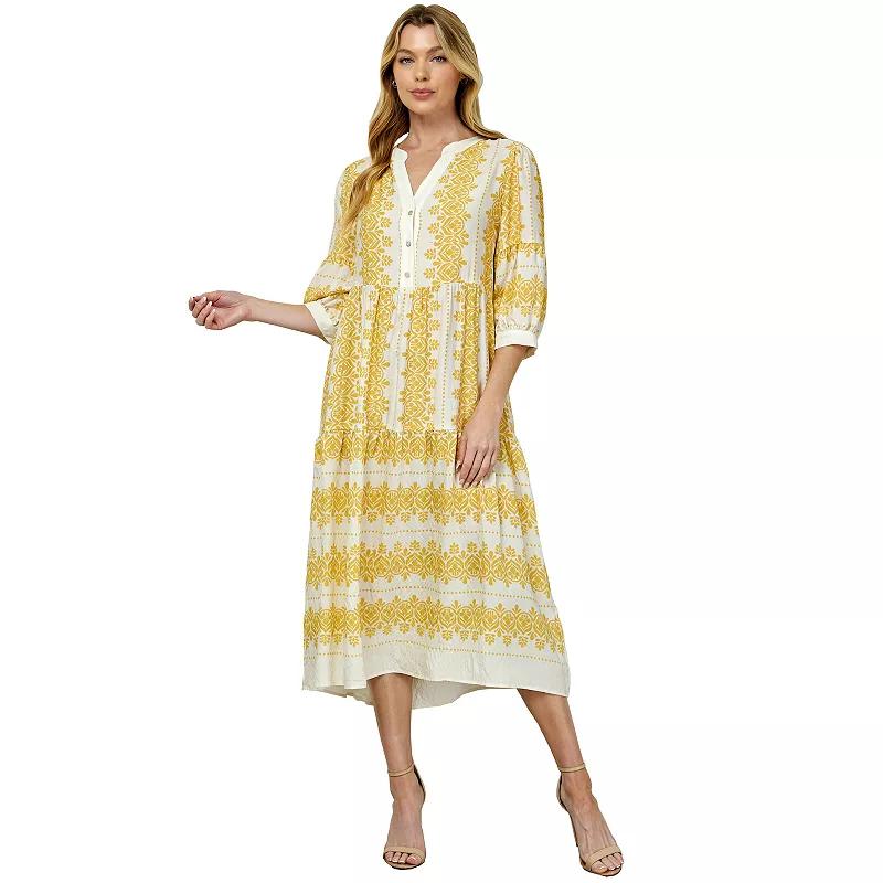 Women's Figueroa & Flower Long Sleeve V-Neck Midi Dress, Size: XL, Ivory Navy Product Image
