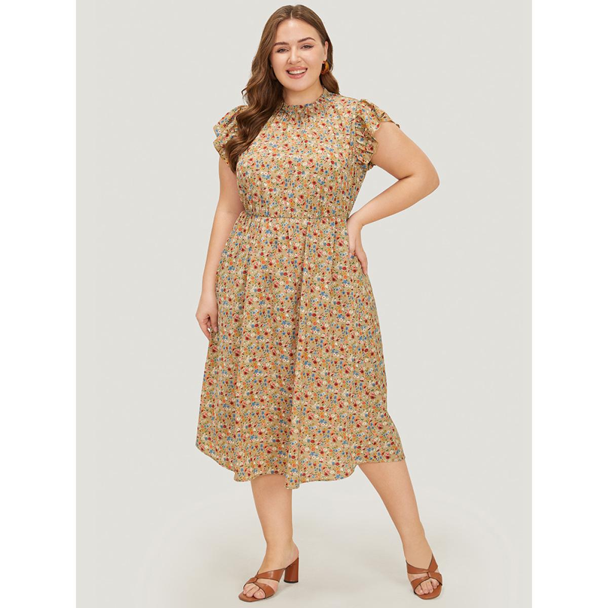 Plus Size Ditsy Floral Ruffle Sleeve Pocket Frill Trim Mock Neck Dress Tan Women Elegant Pocket Mock Neck Half Sleeve Curvy Midi Dress BloomChic 22-24/3X Product Image