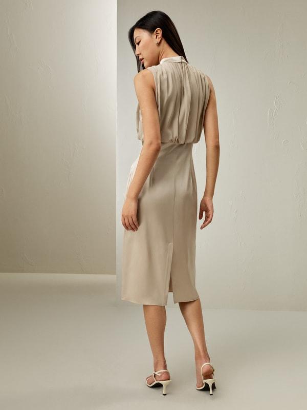 Pleated Sleeveless Midi Silk Dress Product Image