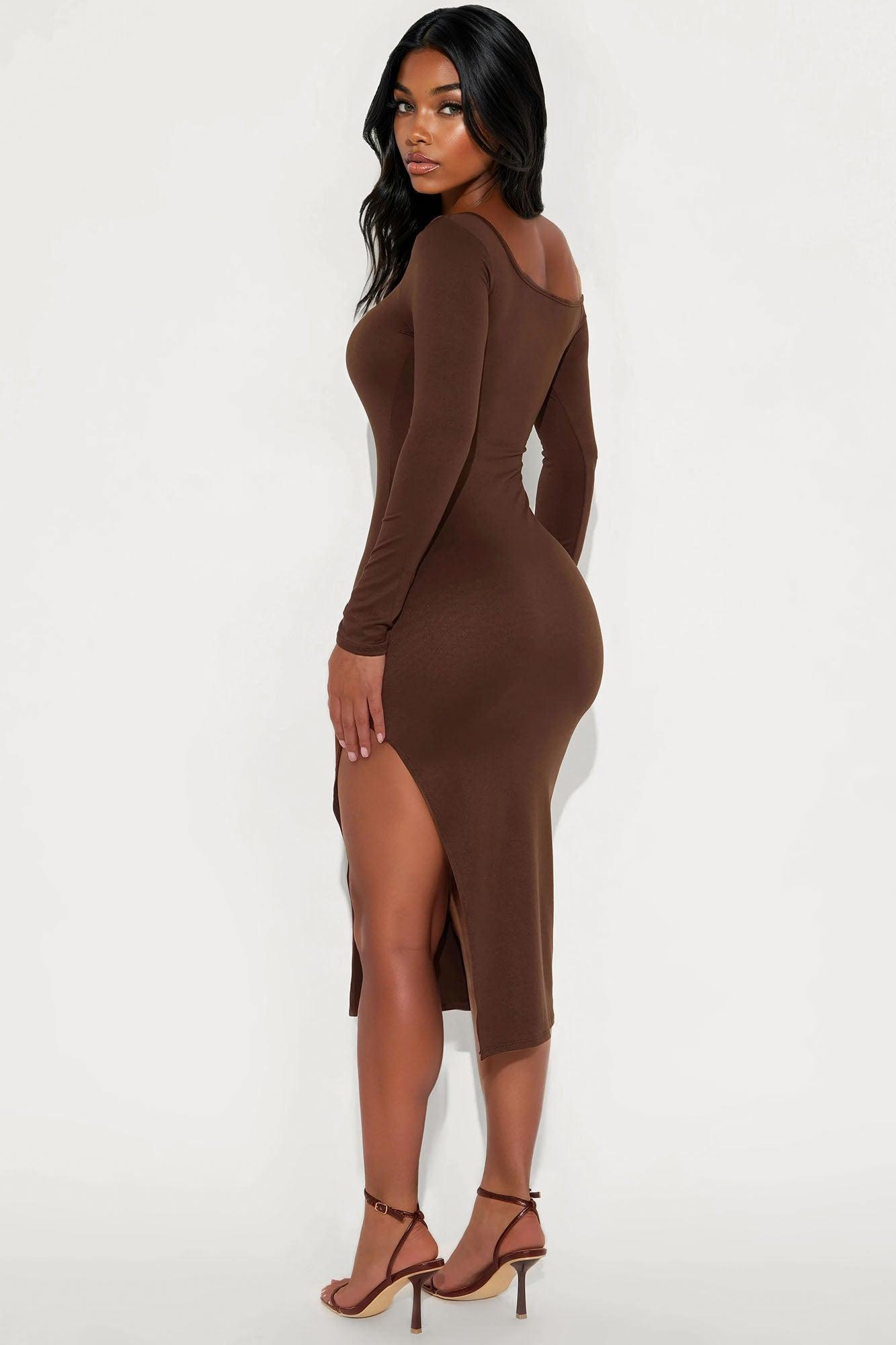 Espresso Please One Shoulder Midi Dress - Brown Female Product Image