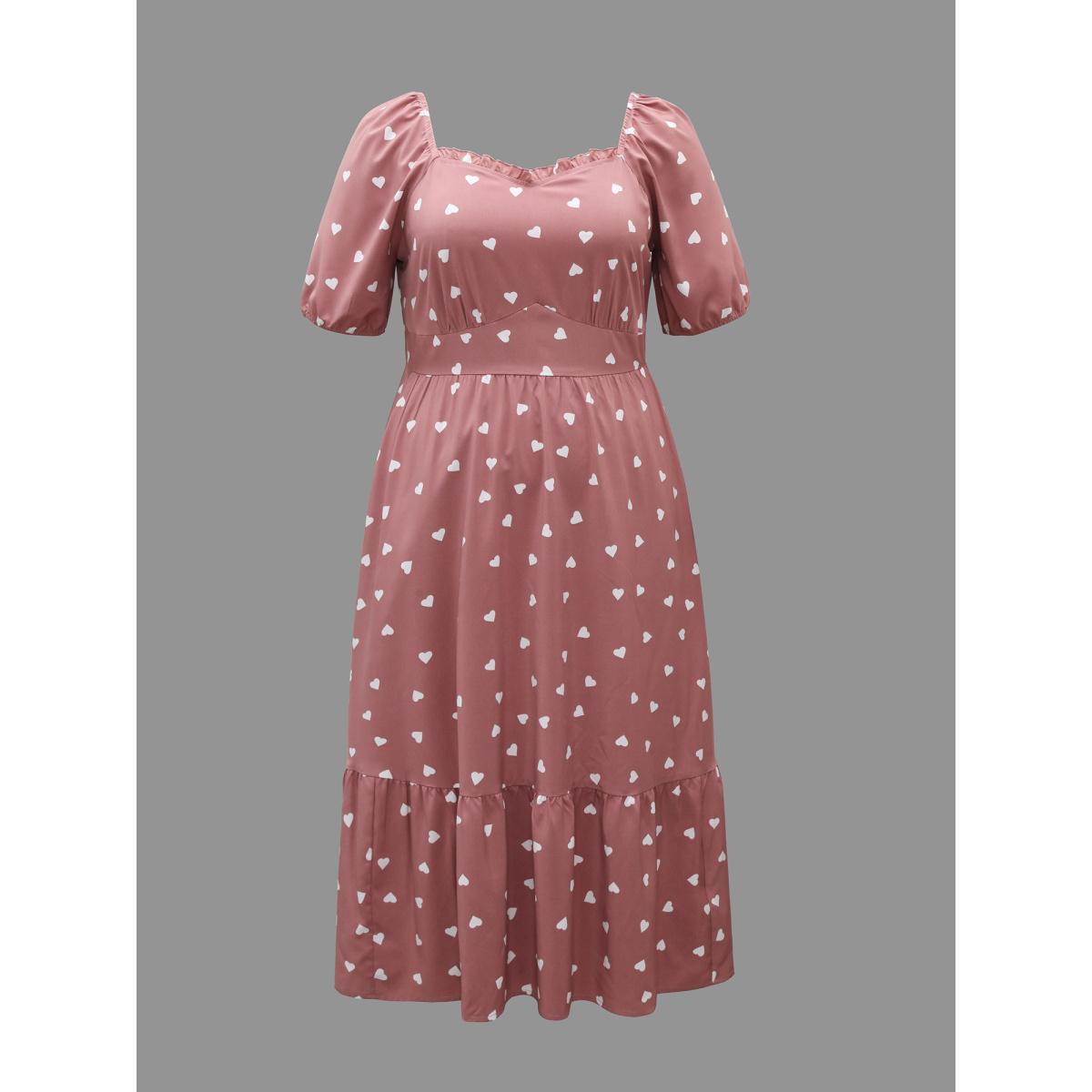 Plus Size Ruffled Stretchy Waist Puff Sleeve Dress DustyPink Women Elegant Gathered Heart neckline Half Sleeve Curvy BloomChic 30/6X Product Image