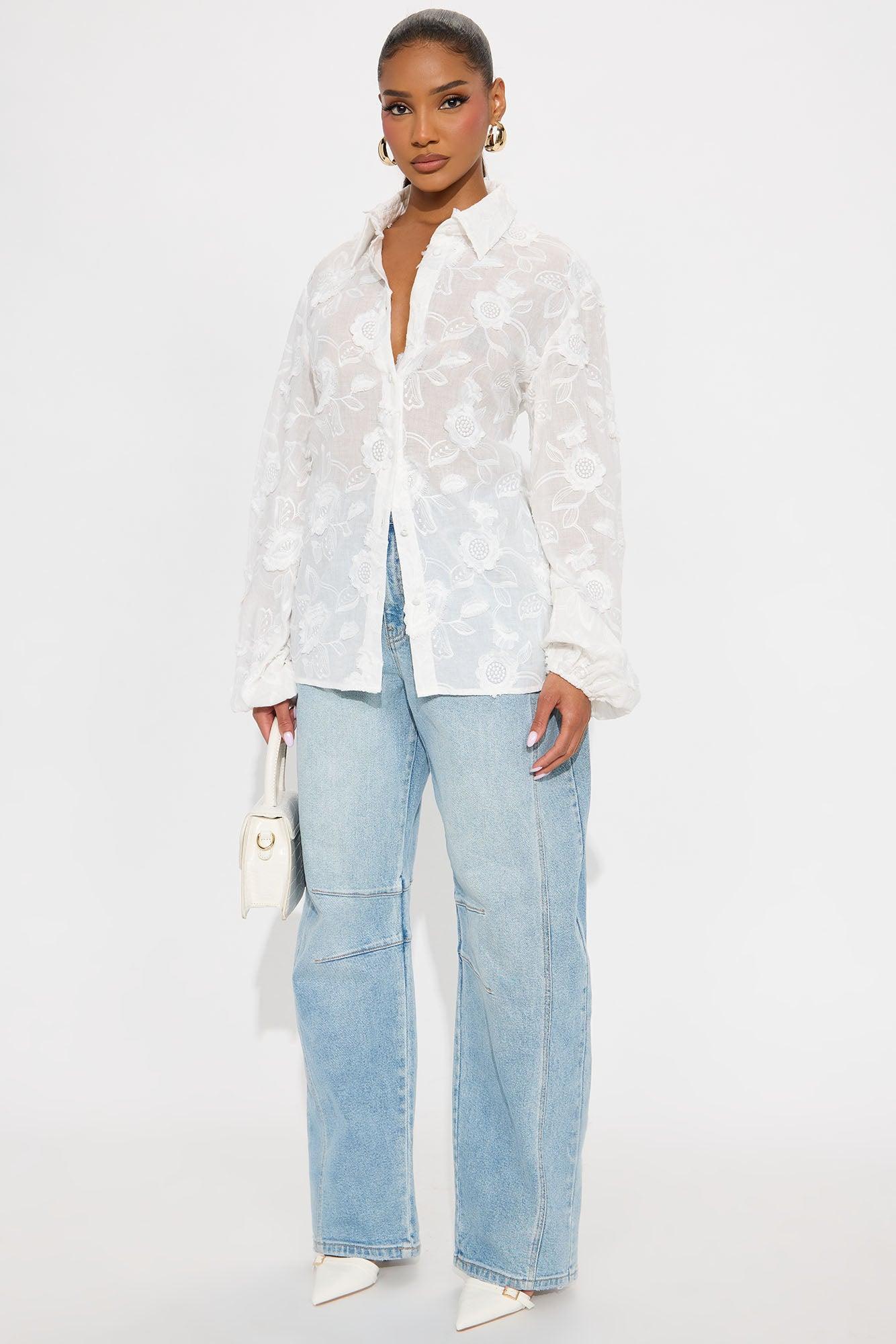 Garden Chic Floral Applique Shirt - White Female Product Image