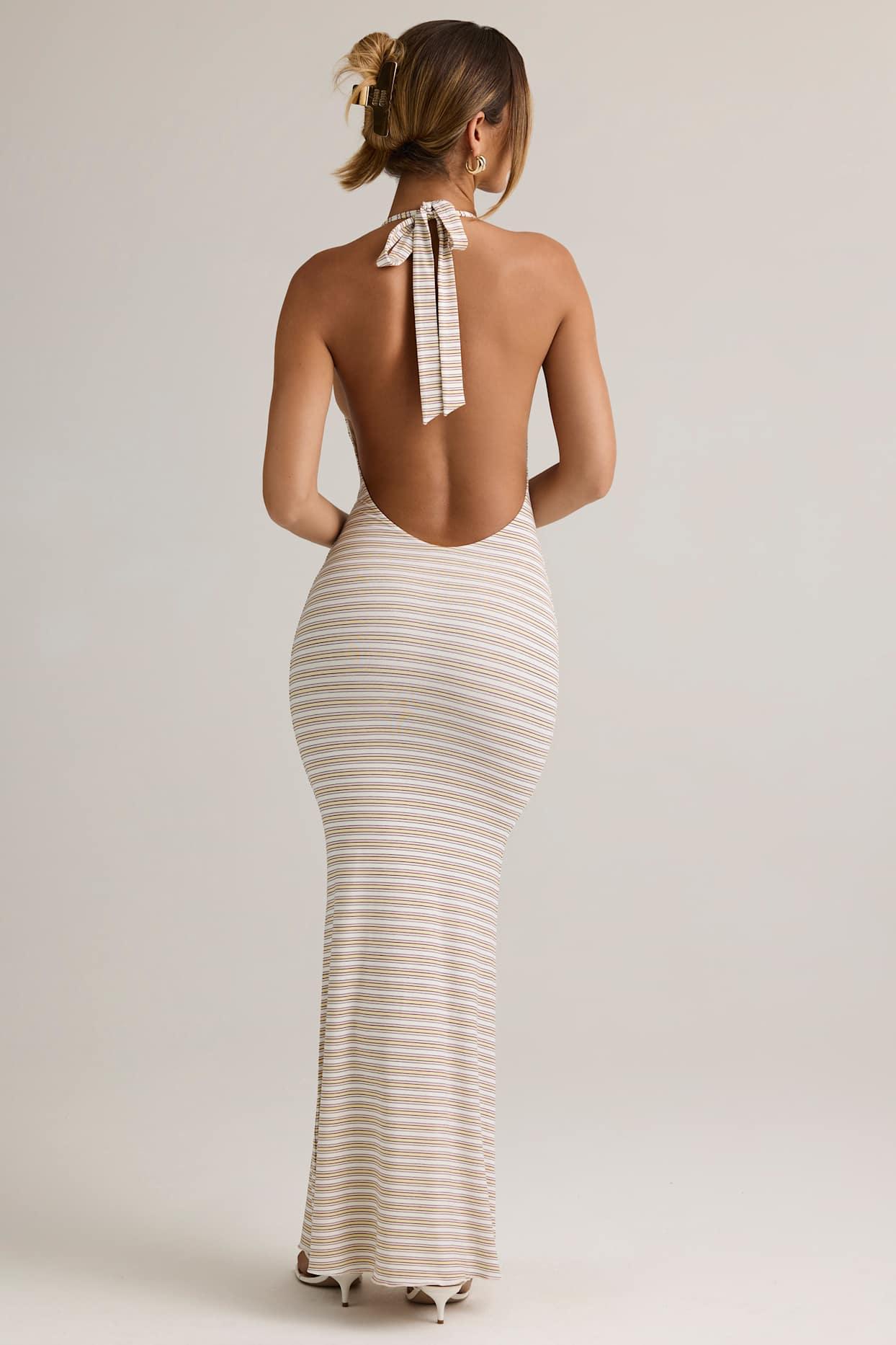 Modal Halterneck Maxi Dress in Pink Yellow Stripe Product Image