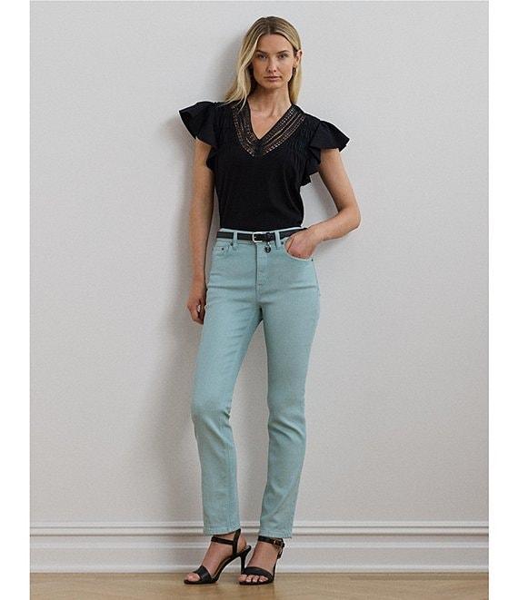 Lauren Ralph Lauren Cotton Blend V-Neck Lace Trim Tee Product Image