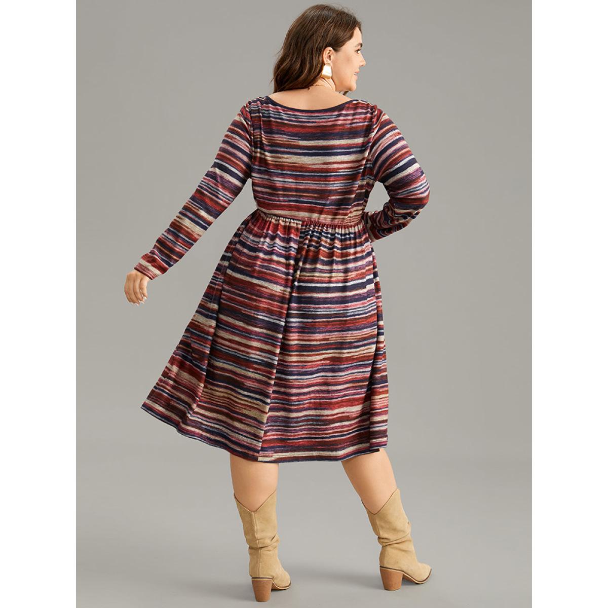 Plus Size Colour Striped Heather Elastic Waist Scoop Neck Dress Multicolor Women Casual Printed Scoop Neck Long Sleeve Curvy Midi Dress BloomChic 12/L Product Image