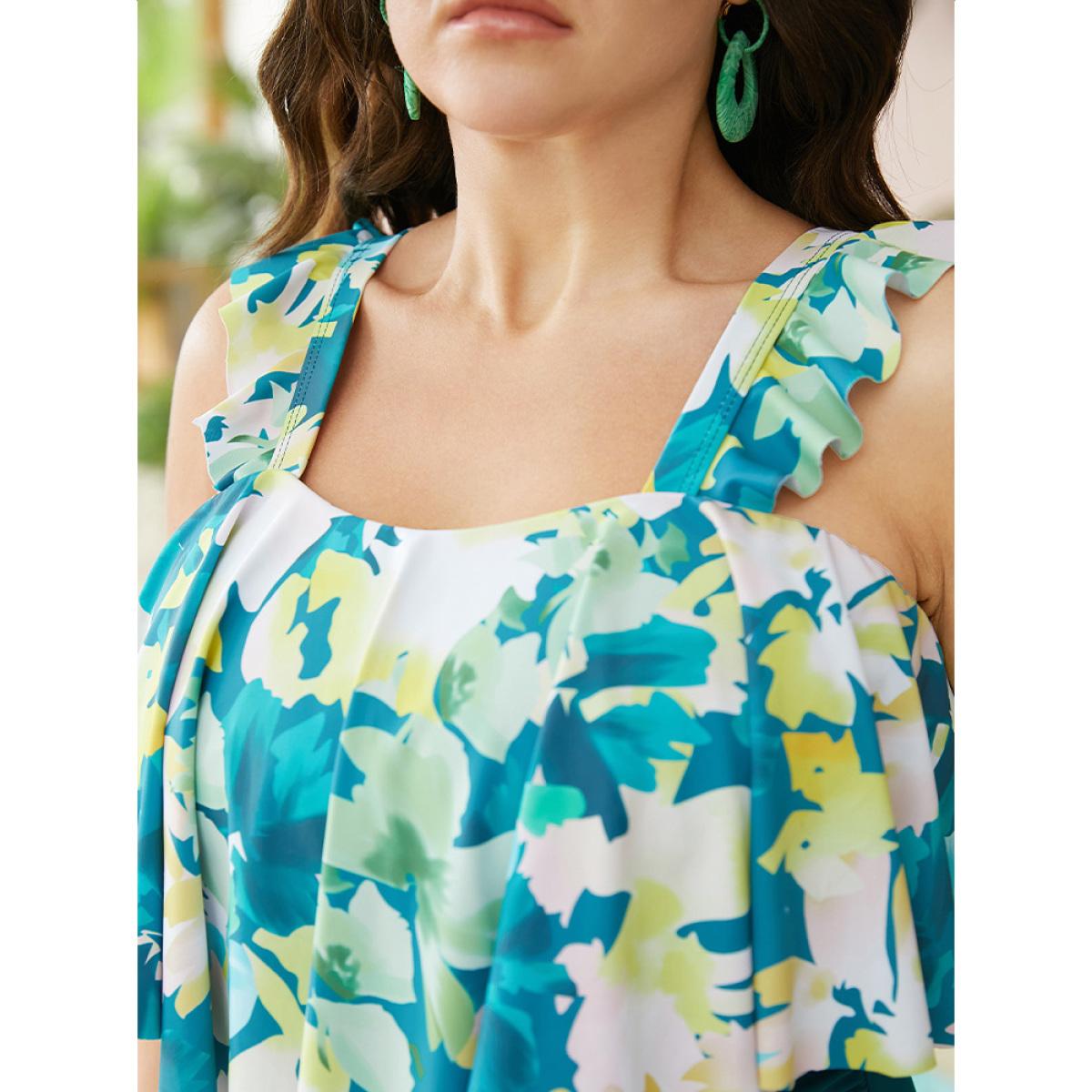 Plus Size Floral Print Ruffle Trim Square Neck One Piece Swimsuit Women's Swimwear Green Vacation Adjustable Straps Curve Bathing Suits High stretch One Pieces BloomChic 30/6X Product Image