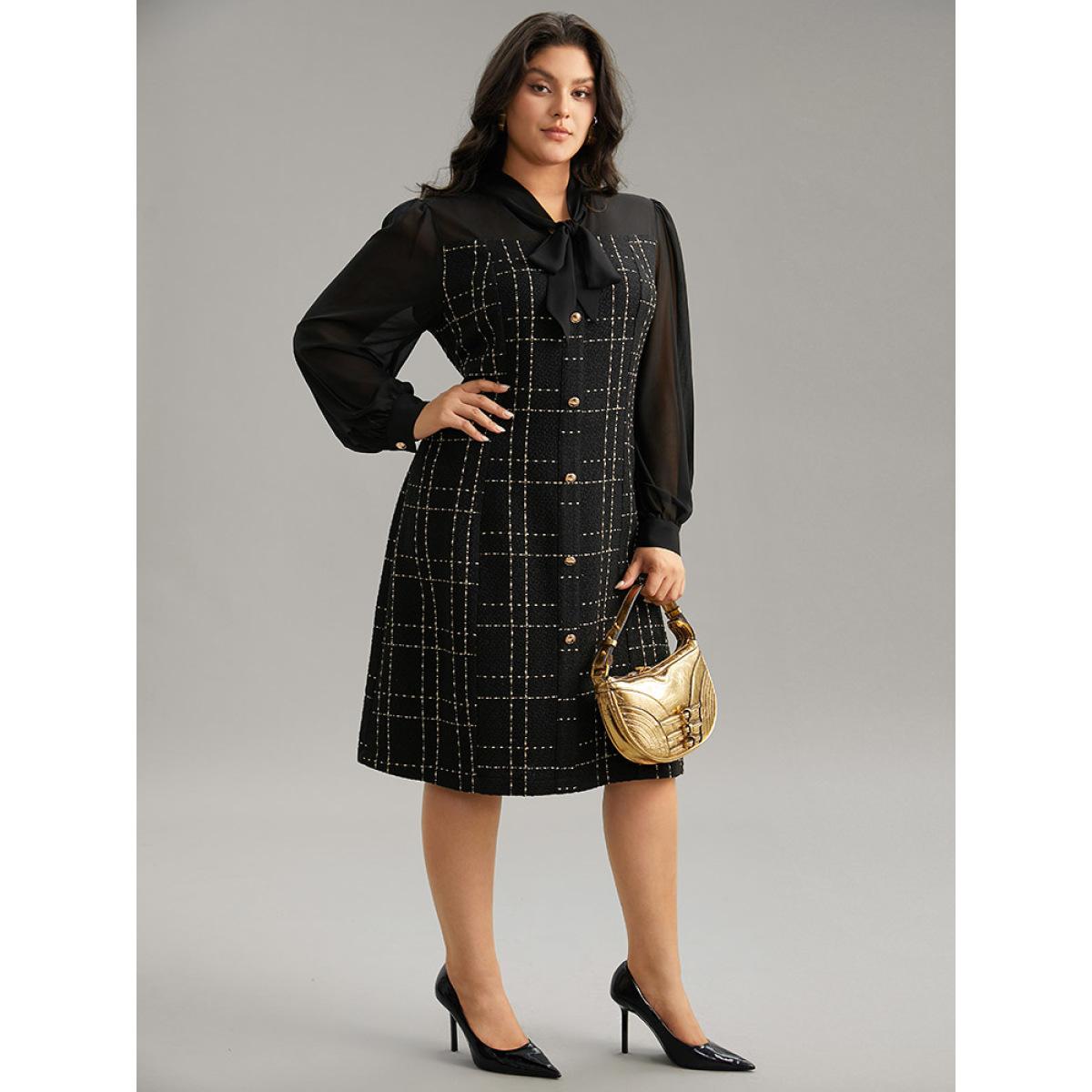 Plus Size Coarse Tweed Patchwork Chiffon Mesh Tie Neck Dress Black Women At the Office Texture Tie Neck Long Sleeve Curvy Midi Dress BloomChic 18-20/2X Product Image