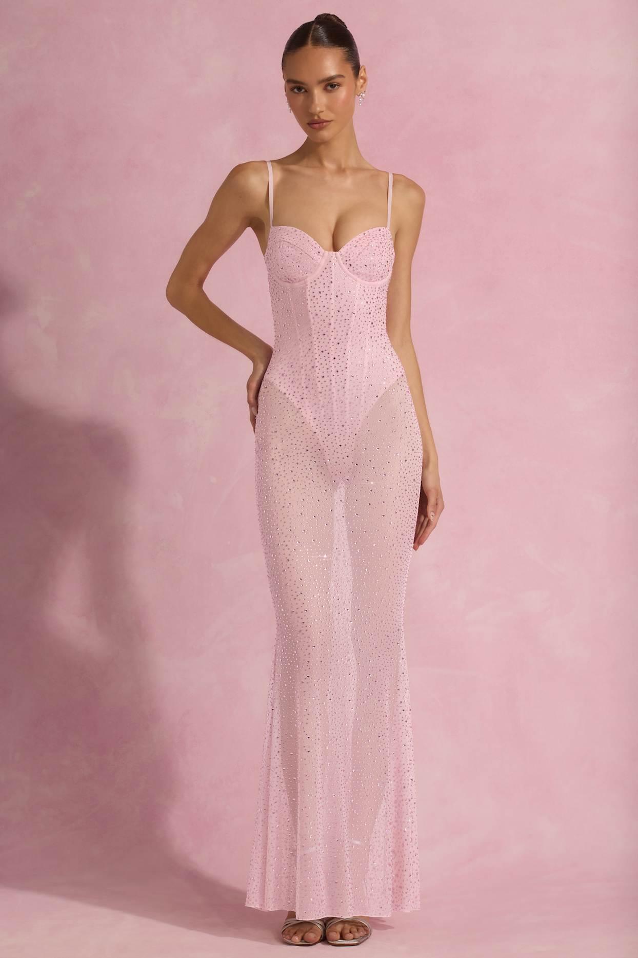 Semi-Sheer Embellished Corset Gown in Pink Product Image