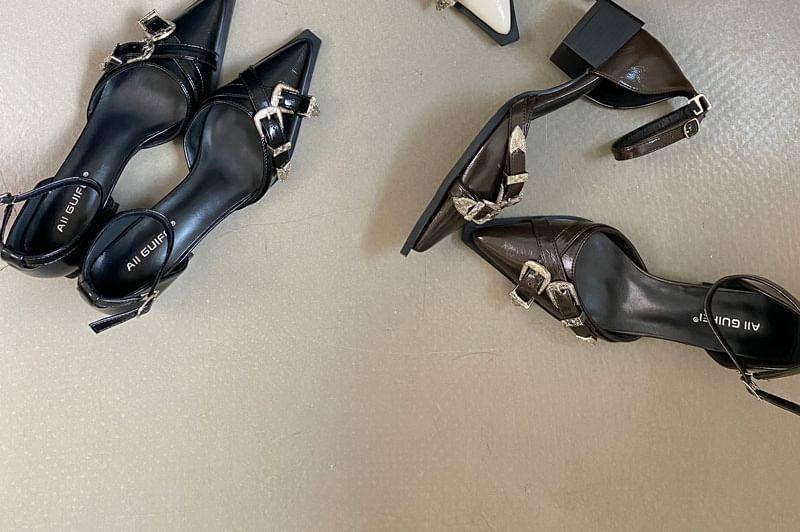Buckle-Strap Chunky-Heel Pointy Sandals Product Image