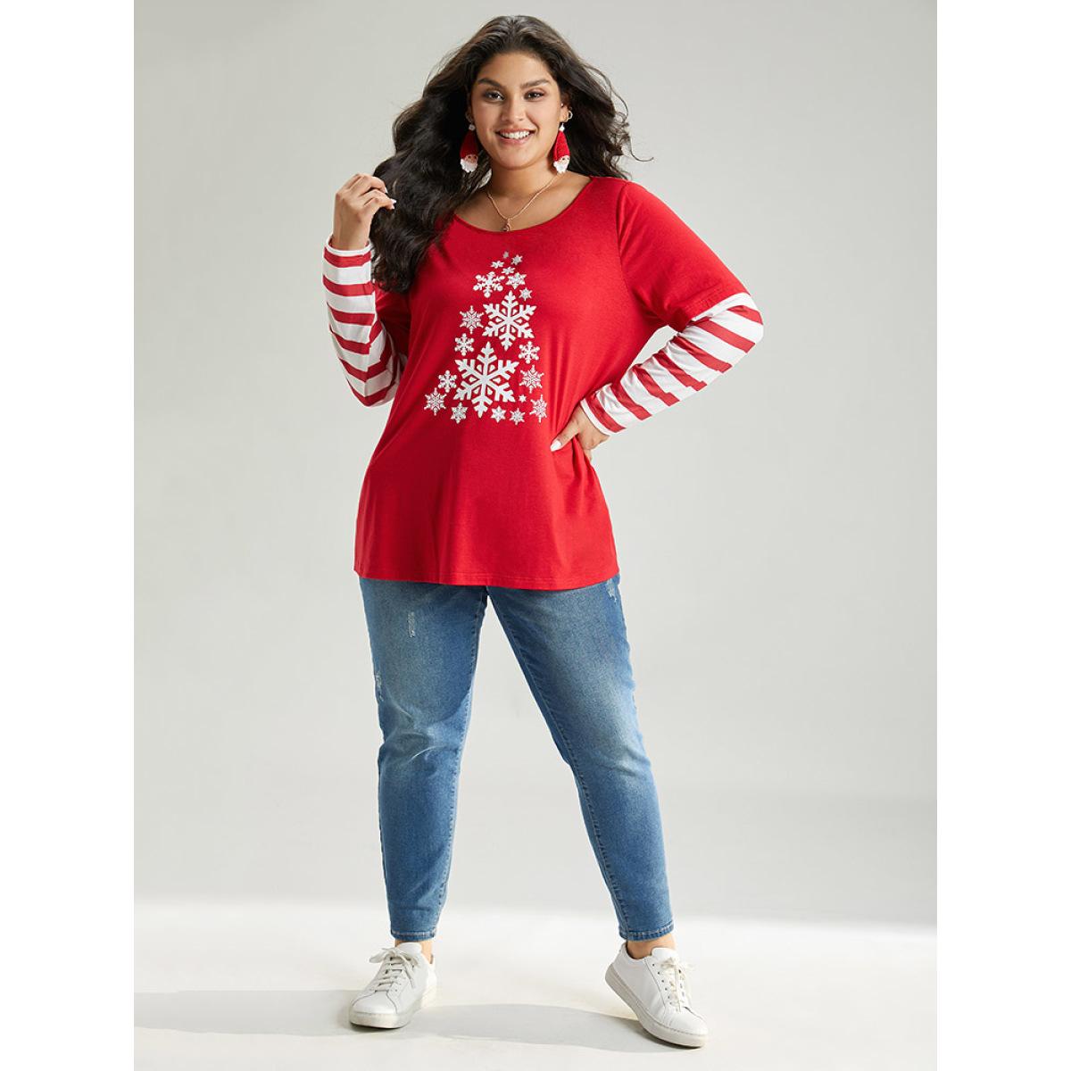 Plus Size Snowflake Striped Patchwork T-shirt Red Women Casual Contrast Christmas Round Neck Festival-Christmas T-shirts BloomChic 28/5X Product Image