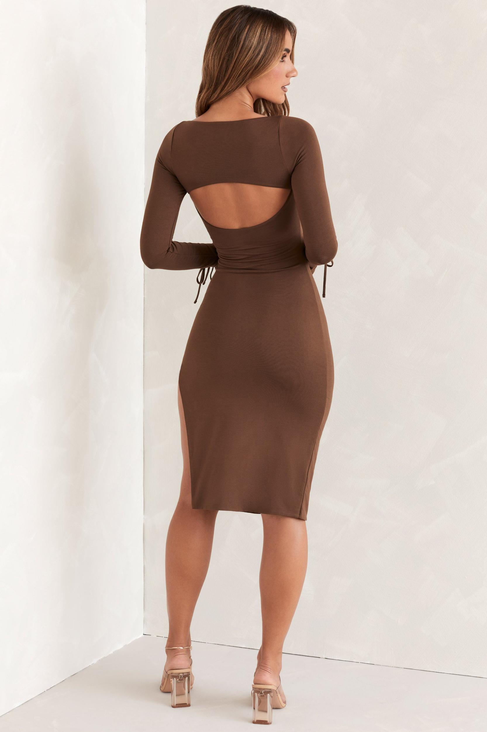Square Neck Long Sleeve Midi Dress in Brown Product Image