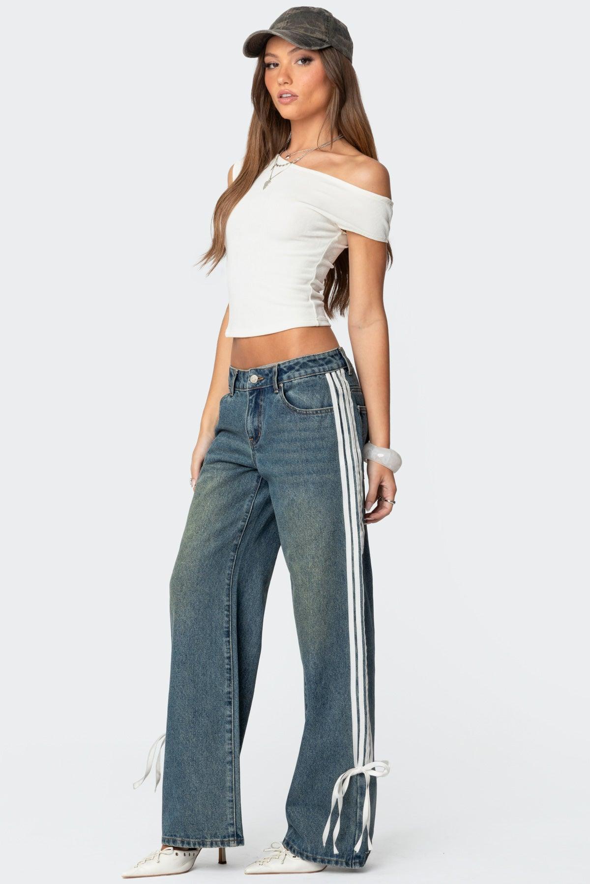 Ribbon Washed Low Rise Baggy Jeans Product Image