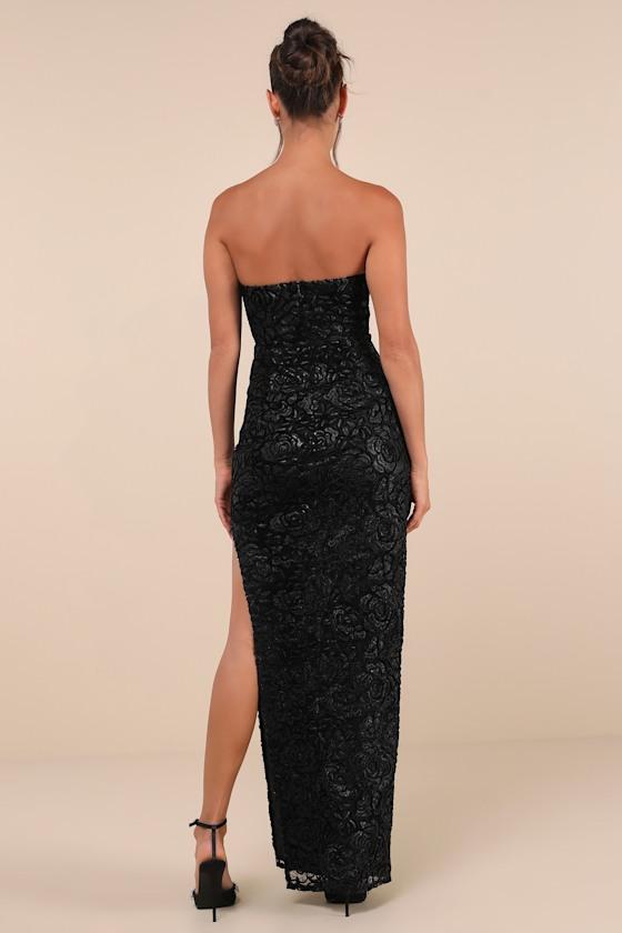 Stately Aura Black Mesh Velvet Strapless Bustier Maxi Dress Product Image