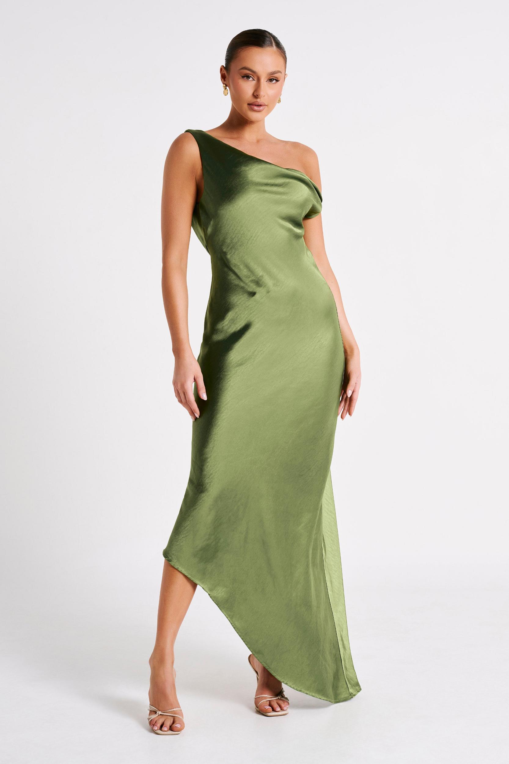 Yvette Slip Maxi Dress With Asymmetrical Hem - Emerald Product Image
