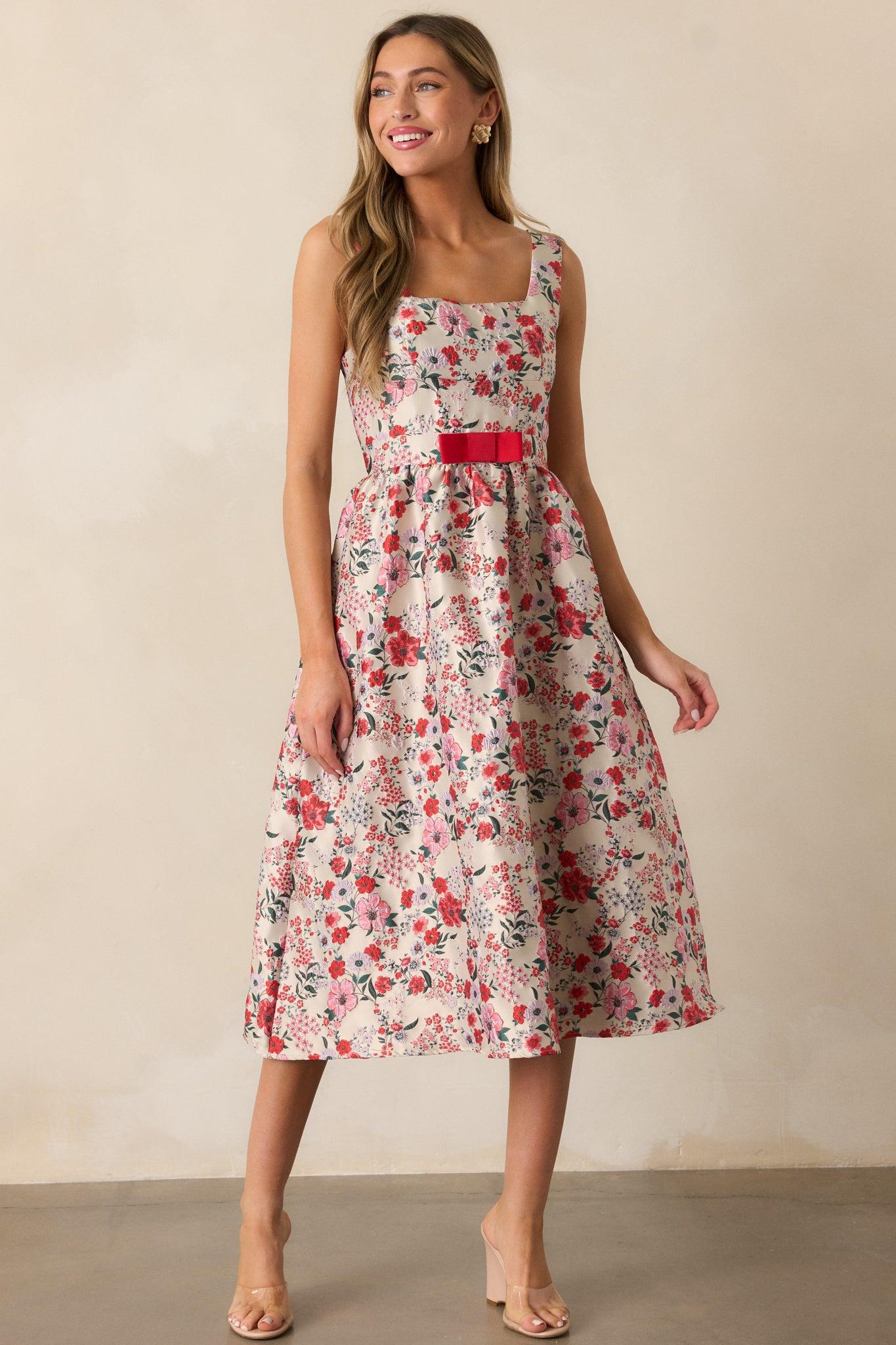 Sunlit Mornings Red Floral Jacquard Midi Dress Product Image