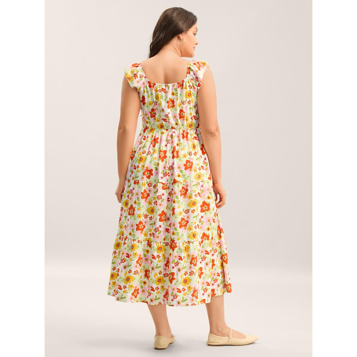 Plus Size Floral Garden Stretchy Waist Shirred Midi Dress Ivory Women Square Neck Cap Sleeve Curvy BloomChic 22-24/3X Product Image