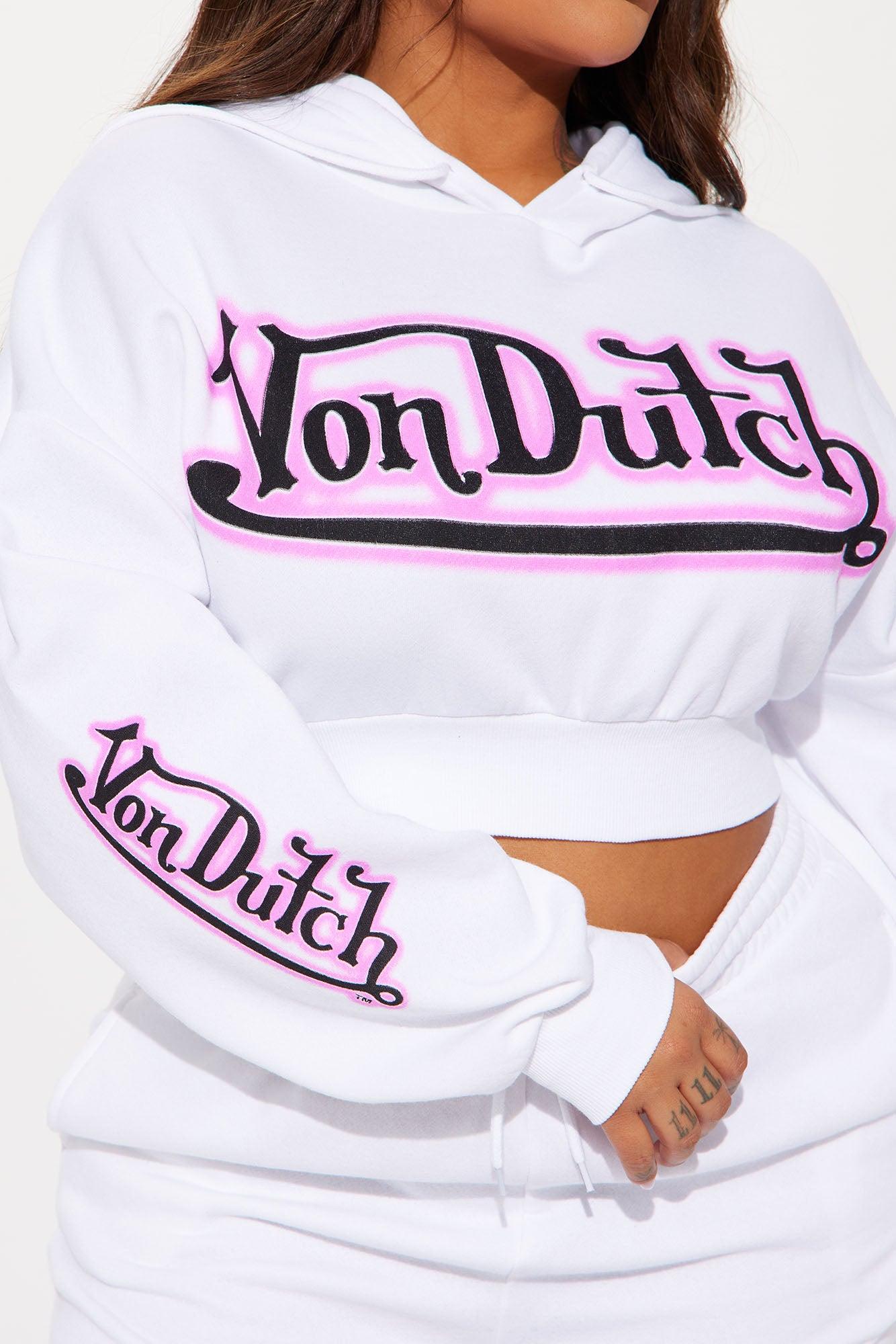 Von Dutch Graffiti Cropped Hoodie - White/Pink Product Image