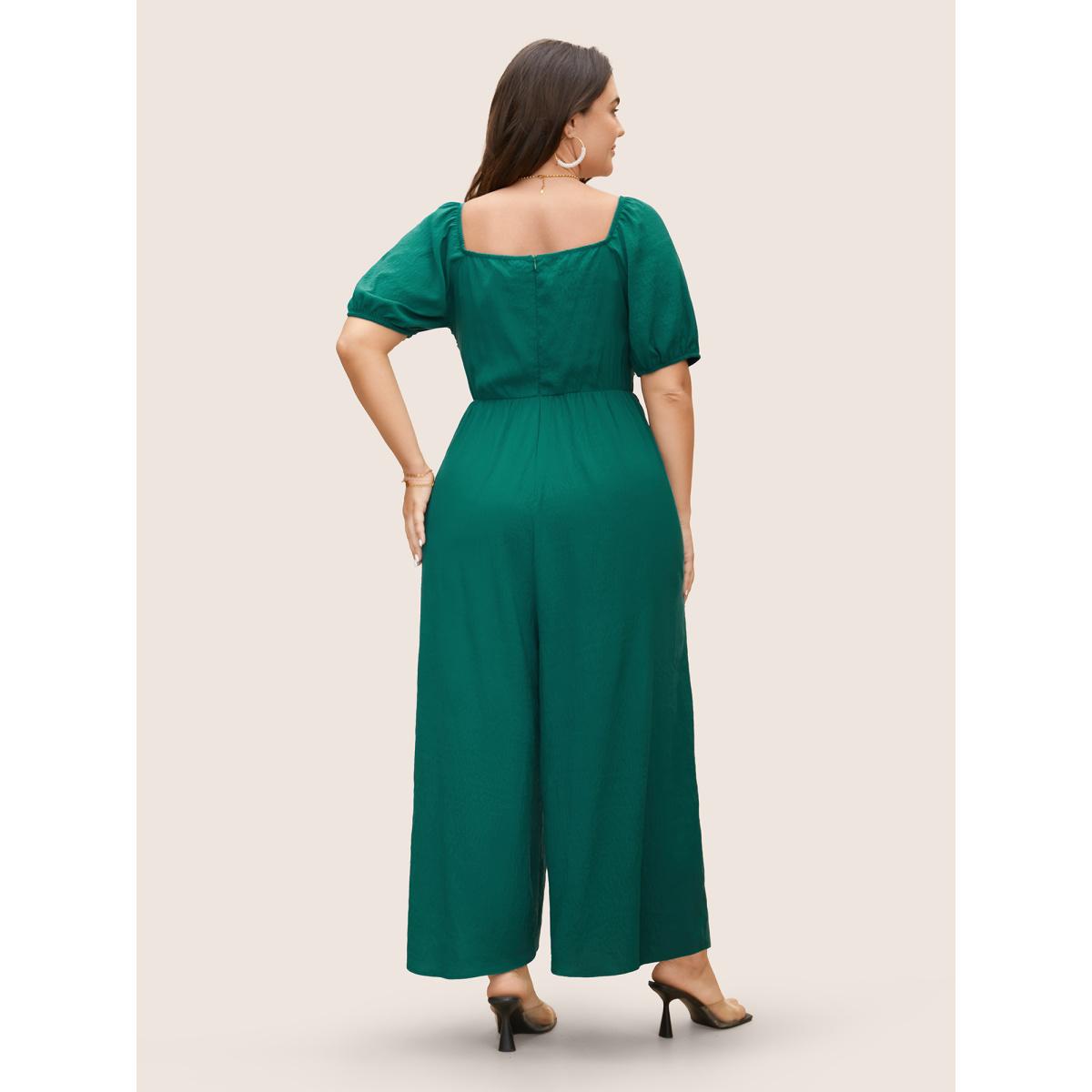Plus Size Emerald Heart Neckline Lantern Sleeve Ruched Jumpsuit Women Elegant Short sleeve Heart neckline Everyday Loose Jumpsuits BloomChic 12/L Product Image