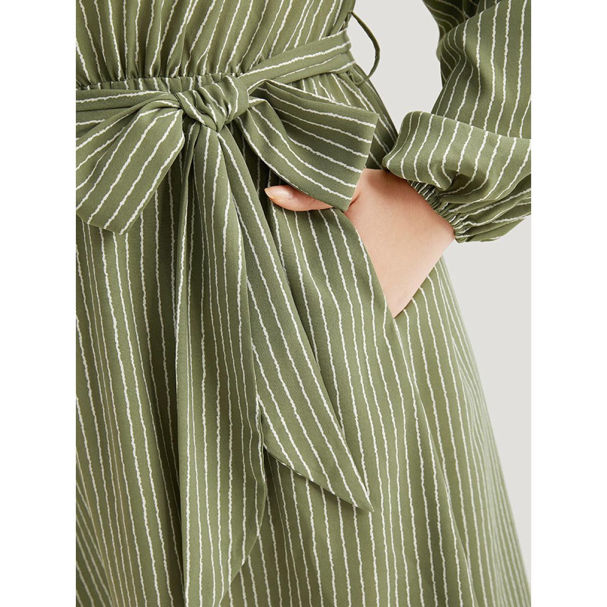 Plus Size Striped Notched Belted Lantern Sleeve Dress Sage Women Work From Home Elastic cuffs Notched collar Long Sleeve Curvy Midi Dress BloomChic 14-16/1X Product Image