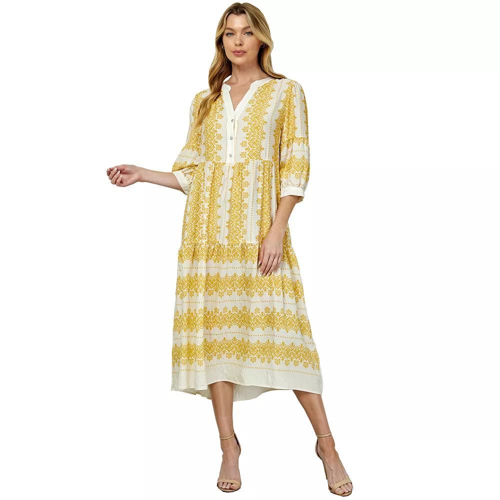 Women's Figueroa & Flower Long Sleeve V-Neck Midi Dress, Size: XL, Ivory Navy Product Image