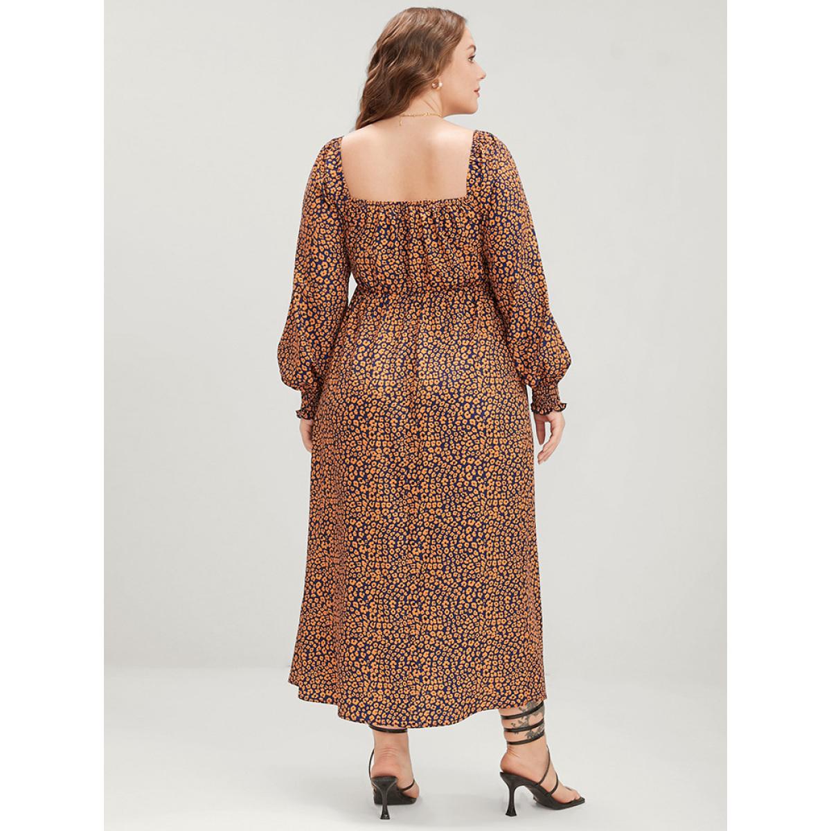 Plus Size Ditsy Floral Pocket Shirred Lantern Sleeve Split Hem Dress Chocolate Women Elegant Shirred Square Neck Long Sleeve Curvy Midi Dress BloomChic 26/4X Product Image