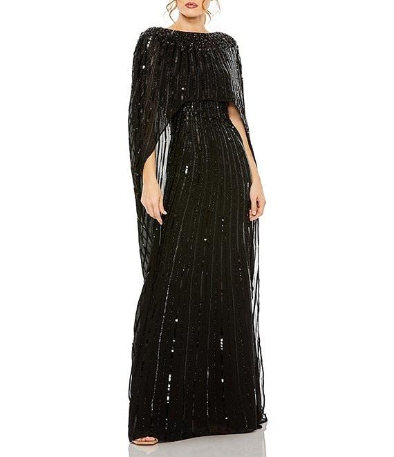 Mac Duggal Sequin Mesh Embellished Beaded Boat Neck Cape Sleeve Column Gown Product Image