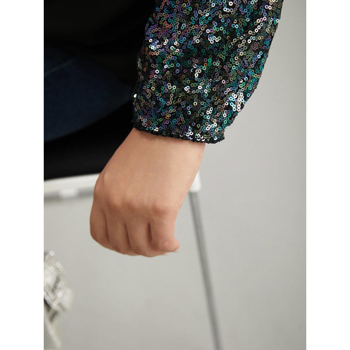 Plus Size Black Sequin Patchwork V Neck Blouse Women Glamour Long Sleeve V-neck Going out Blouses BloomChic 10/M Product Image