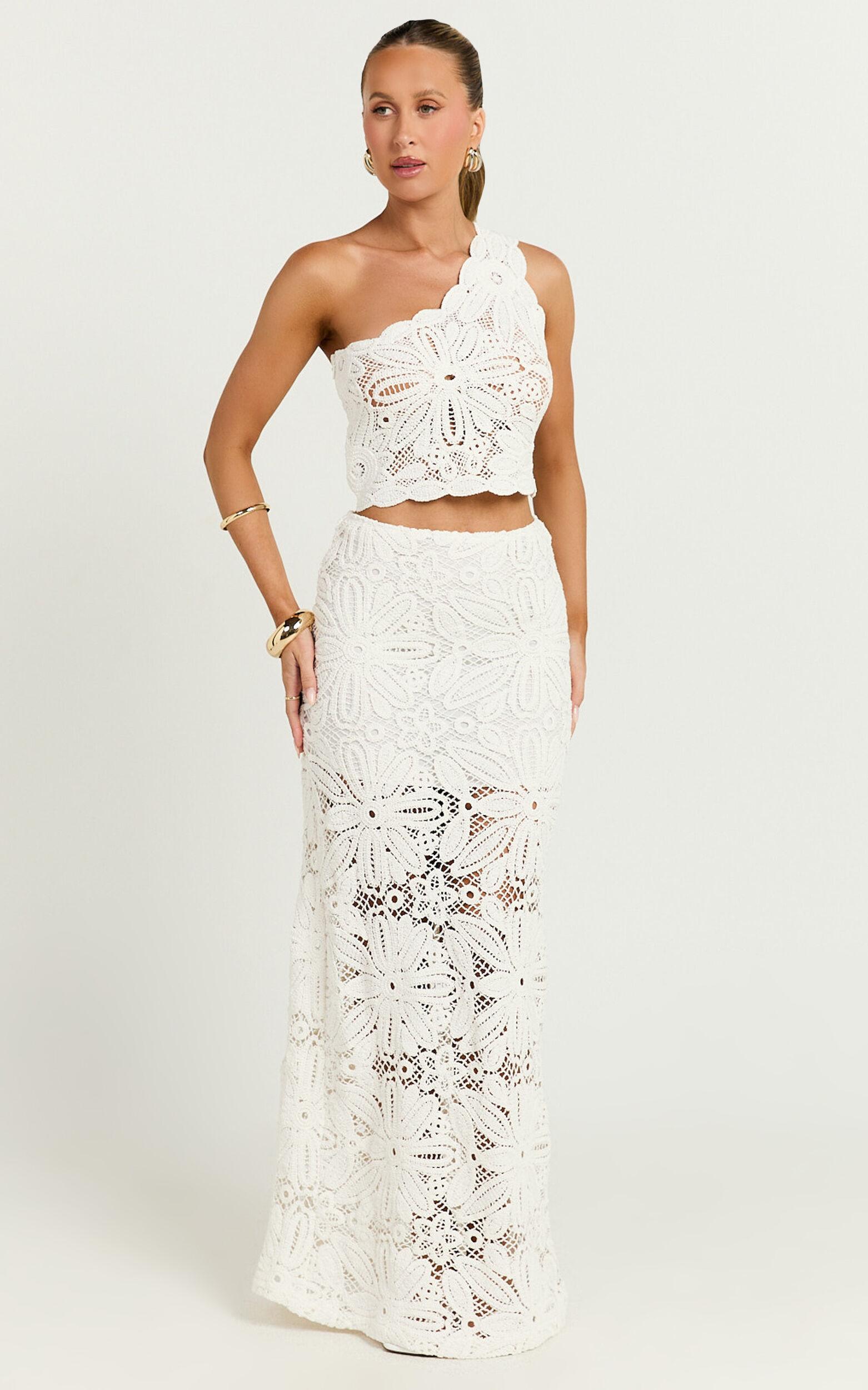Charlene Maxi Skirt - Crochet Fit And Flare Skirt in White Product Image