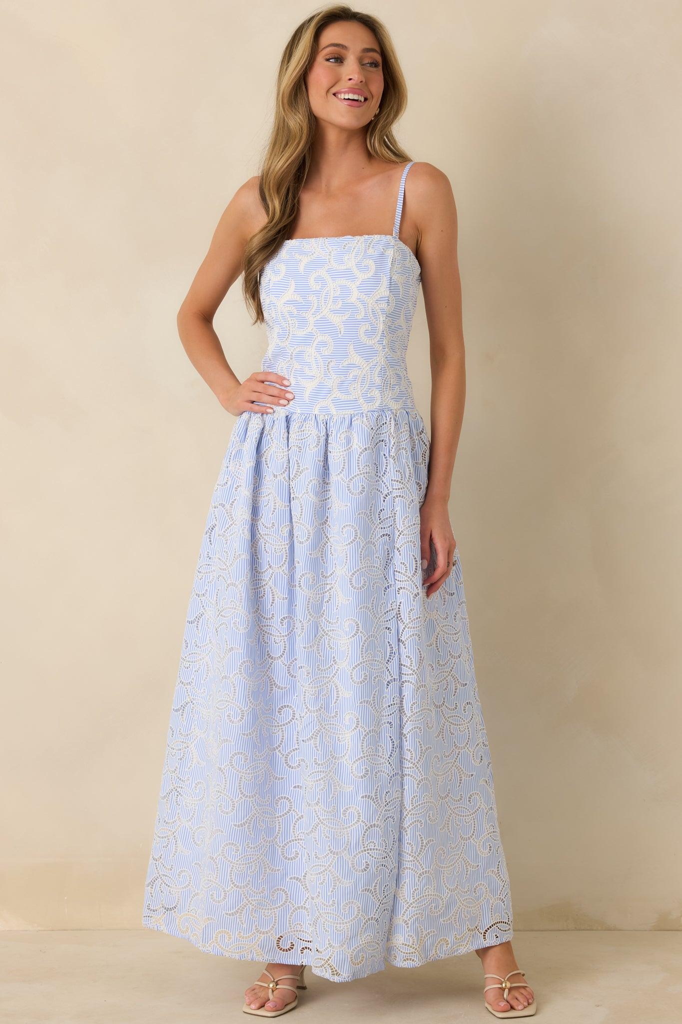 The Space Between Blue Stripe Embroidered Eyelet Maxi Dress L / Blue Product Image