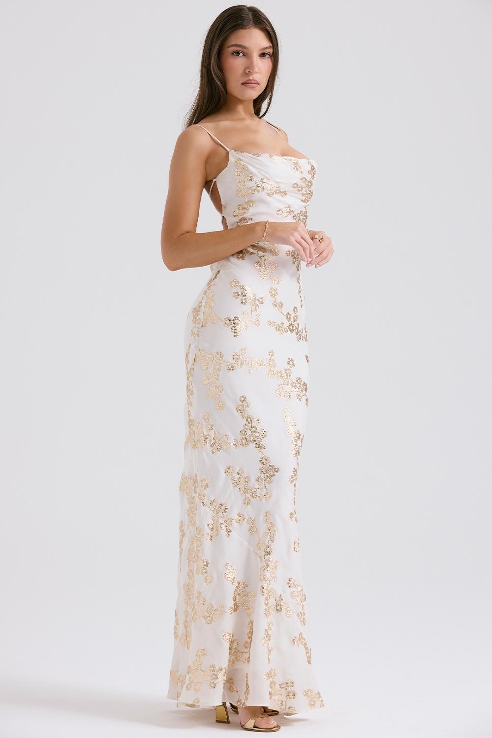Capriana  white & gold jacquard satin gown Product Image