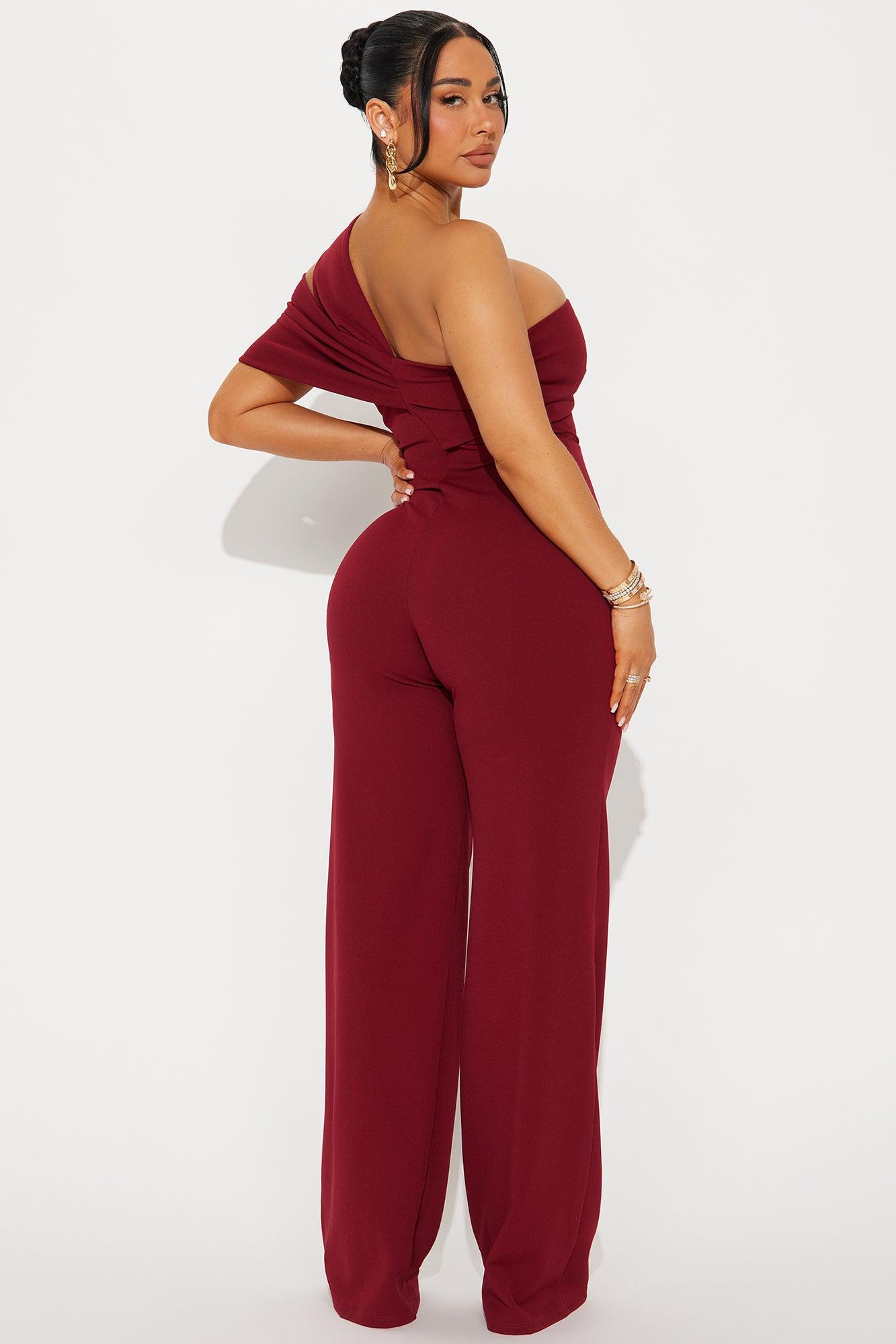 Slay All Day Off Shoulder Jumpsuit - Burgundy Product Image