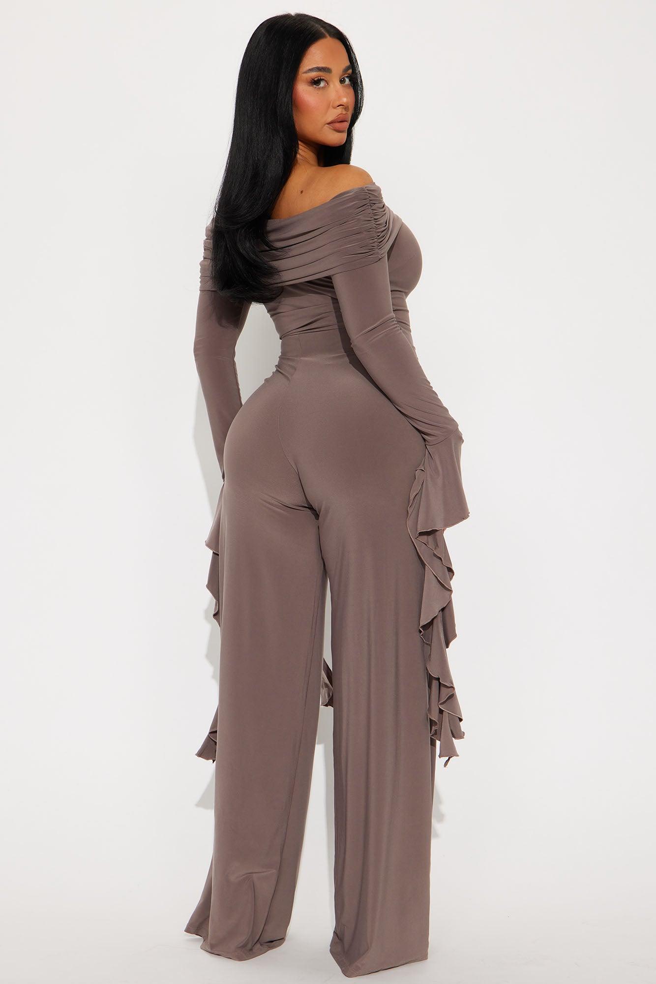 Hold The Door Off Shoulder Long Sleeve Jumpsuit - Mocha Product Image