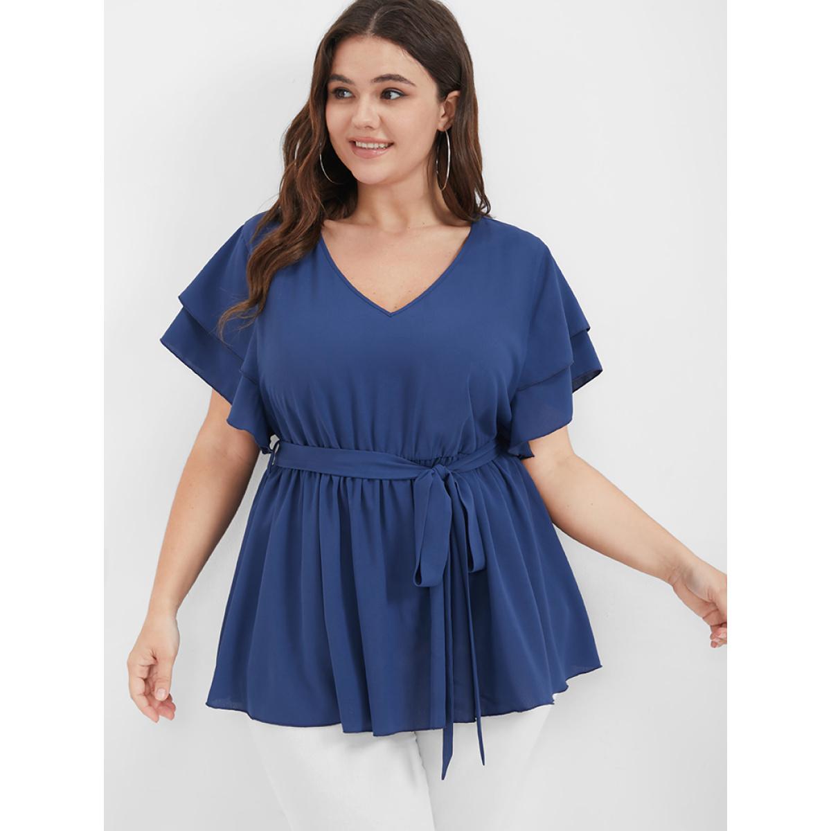 Plus Size DarkBlue Solid Babydoll Flutter Tiered Belted V Neck Blouse Women Elegant Short sleeve V-neck Dailywear Blouses BloomChic 14-16/1X Product Image