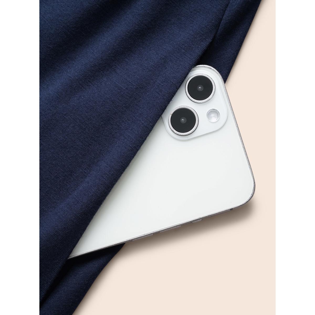 Plus Size Plain Contrast Lace Belted Pocket Batwing Sleeve Dress DarkBlue Women Resort Non V-neck Cap Sleeve Curvy Midi Dress BloomChic 26/4X Product Image