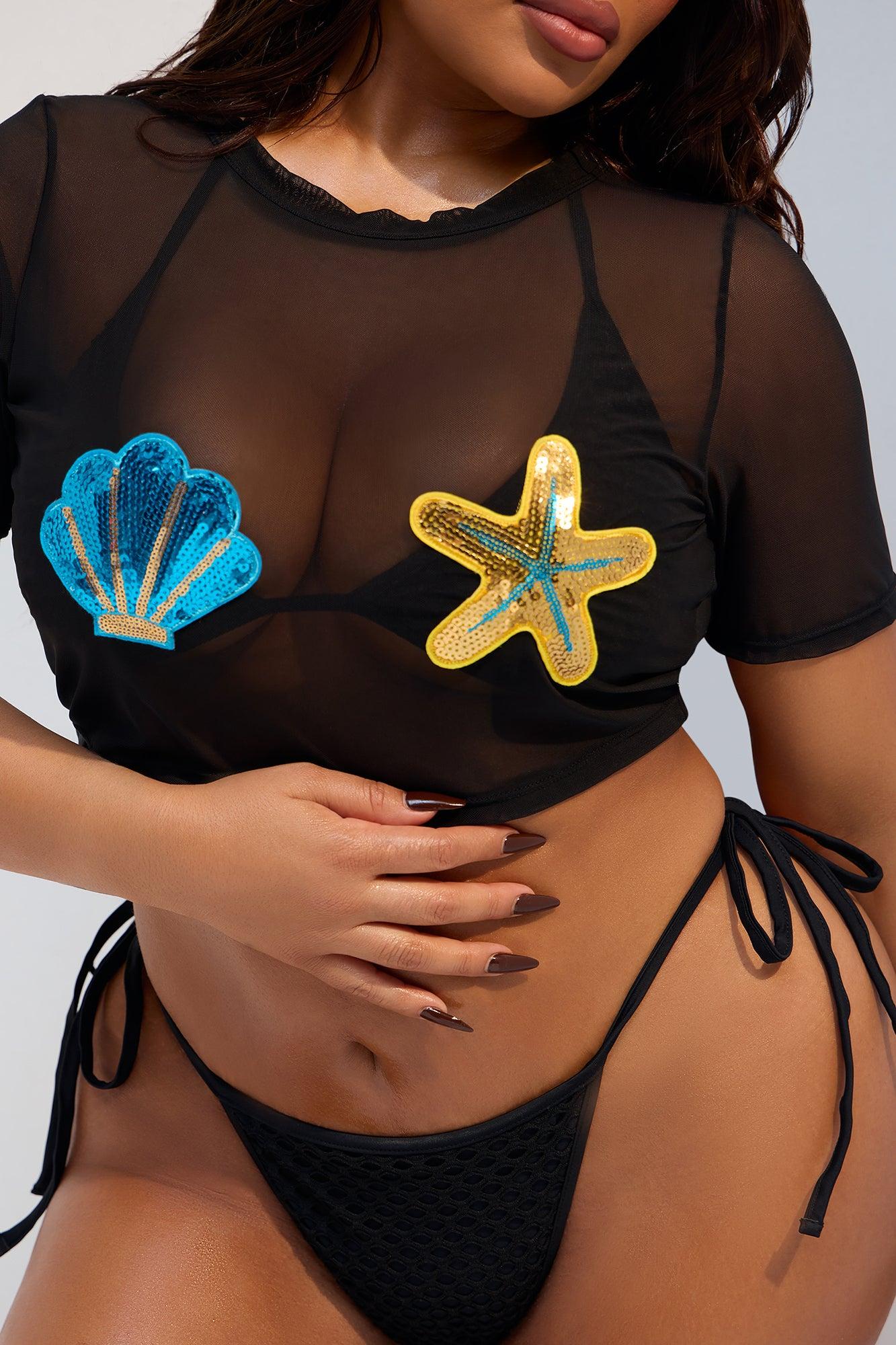 Raelyn Sequin Starfish & Seashell Mesh 3 Piece Bikini Set - Black/combo Product Image