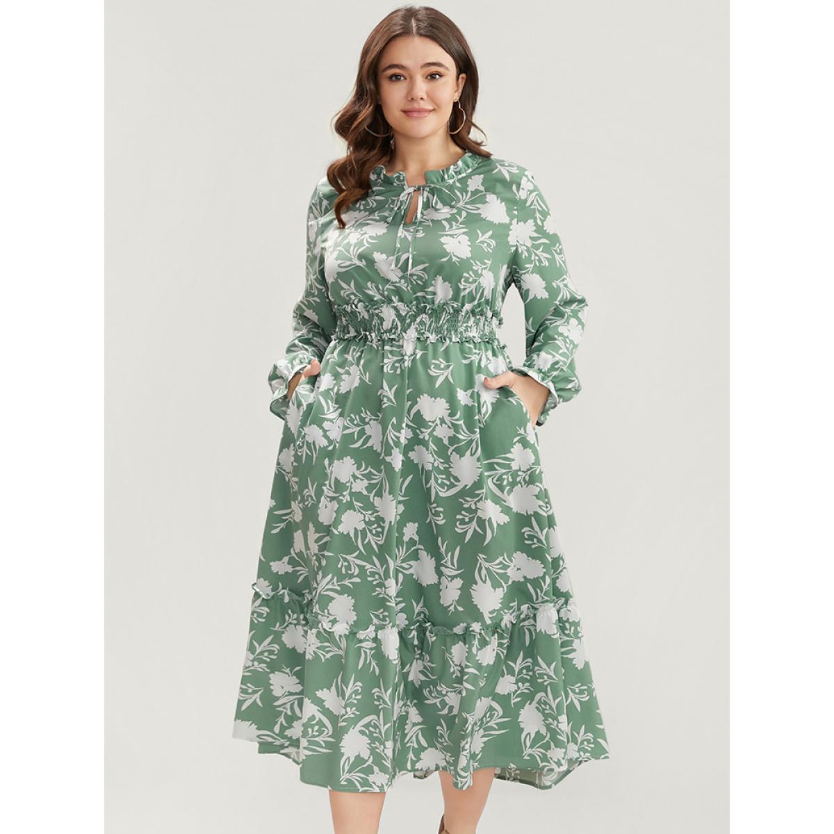 Plus Size Floral Lantern Sleeve Shirred Pocket Tie Neck Ruffle Dress Green Women Elegant Pocket Round Neck Long Sleeve Curvy Midi Dress BloomChic 26/4X Product Image