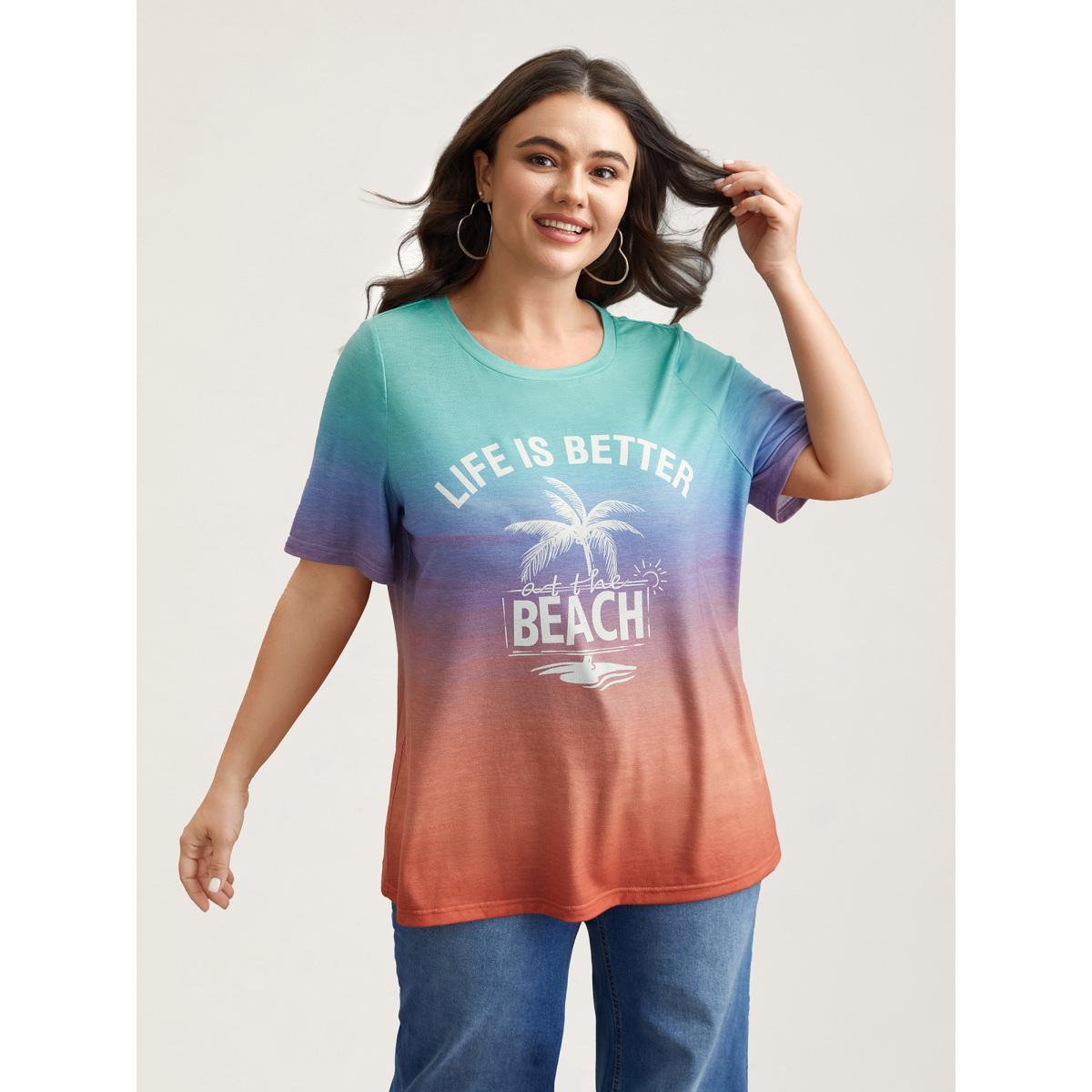 Plus Size Gradient Beach Print Fitted T-Shirt Multicolor Women Playful Contrast Tropical Round Neck Casual T-shirts BloomChic 22-24/3X Product Image